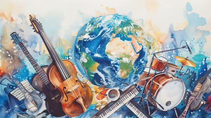 Planet earth with instruments, world music day, listening to global sound and acoustic wave, guitar, piano and drums