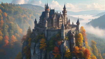 A majestic castle atop a cliff overlooking a vast forest with mist swirling around the turrets. Generative AI.