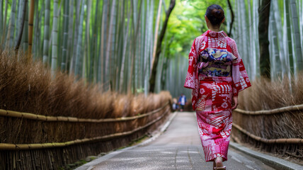 竹林を歩く浴衣の日本人女性