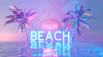 Fototapeta premium A neon sign with that says Palm beach with two palm trees on the ocean water