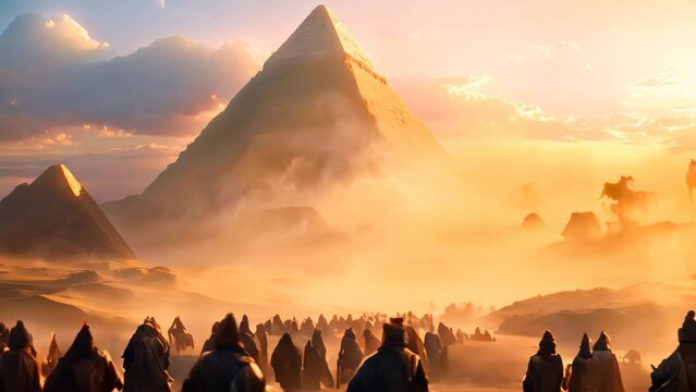 A group of people standing in front of a pyramid in a futuristic imagining of the Exodus from Egypt, A futuristic imagining of the Exodus from Egypt