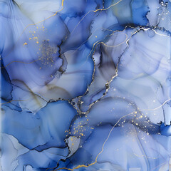 Abstract Sapphire and Gold Ink Swirls with Silver Accents