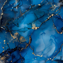 Abstract Sapphire and Gold Ink Swirls with Silver Accents