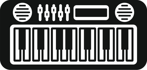Black and white graphic of an electronic synthesizer for music production