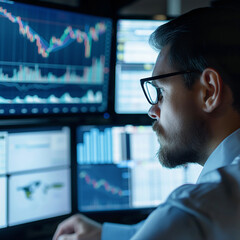 Fototapeta premium Focused Trader Analyzing Stock Market Data on Multiple Screens