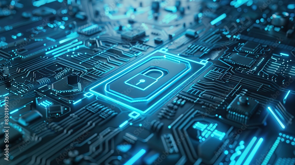 Poster Technology schematic has an algorithmic padlock, security lock symbol on circuit board.