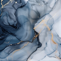 Abstract Sapphire and Gold Ink Swirls with Silver Accents