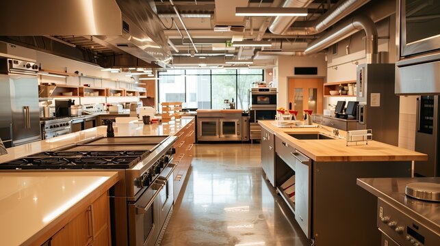 A kitchen space dedicated to innovation and experimentation, with cutting-edge appliances, experimental ingredients, and collaborative workspaces for culinary research and development.