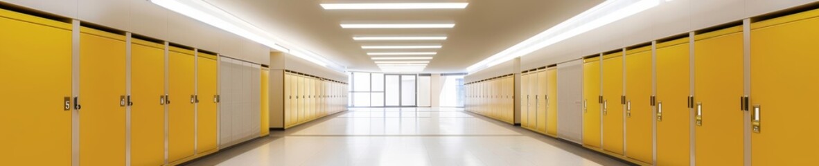 Modern school corridor with yellow lockers, soft lighting, empty walls, clean and inviting, minimalist style