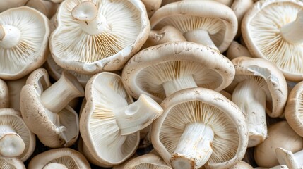  A pile of white mushrooms atop three tiers of interconnected piles Each tier consists of mushrooms stacked next to one another