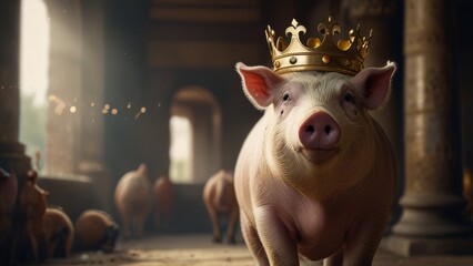 A Crowned Pig Stands In An Ancient Hallway