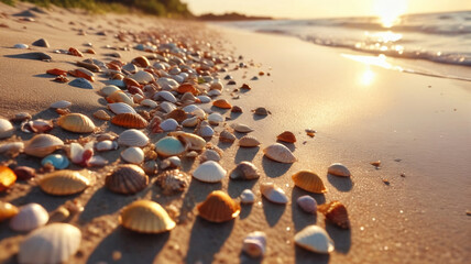Obraz premium A tranquil beach at sunset with golden sand, gentle waves, and colorful seashells scattered about. Generative AI.
