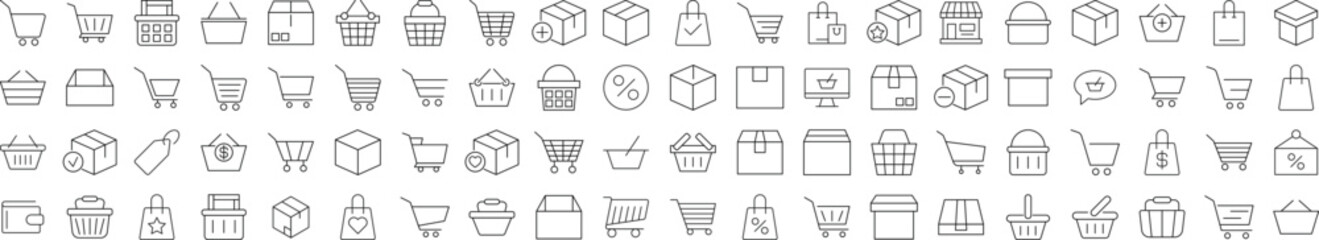 Collection of Icons of Shops, Stores, Shopping Cart and Shopping Basket. Suitable for books, stores, shops. Editable stroke in minimalistic outline style. Symbol for design