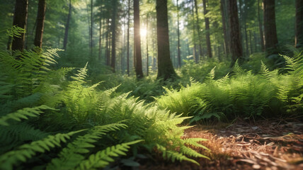 A serene forest glade with sunlight filtering through the trees onto a carpet of ferns. Generative AI.