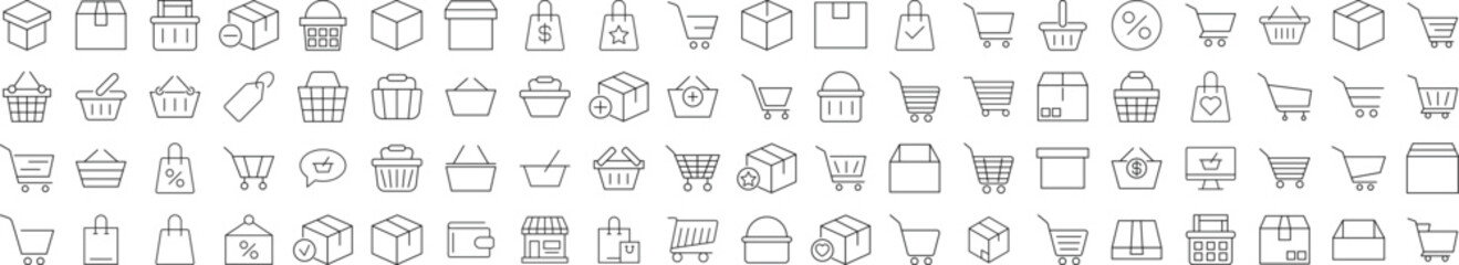 Collection of Icons of Shops, Stores, Shopping Cart and Shopping Basket for Shops and Stores. Suitable for books, stores, shops. Editable stroke in minimalistic outline style. Symbol for design
