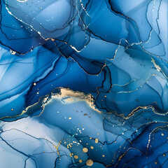 Abstract Sapphire and Gold Ink Swirls with Silver Accents