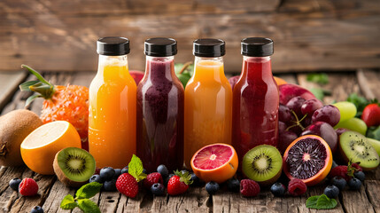 bottles fruit juice and fruits