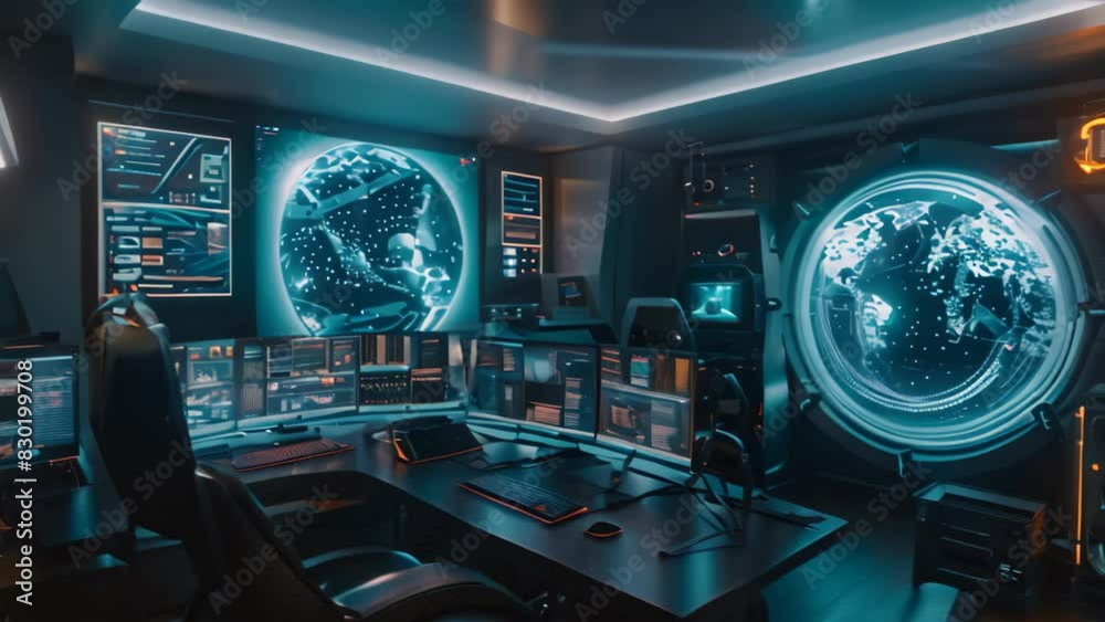 Poster a cutting-edge computer room featuring numerous monitors displaying data and graphics, a futuristic 