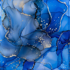 Abstract Sapphire and Gold Ink Swirls with Silver Accents