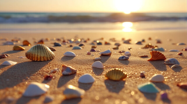 A tranquil beach at sunset with golden sand, gentle waves, and colorful seashells scattered about. Generative AI.