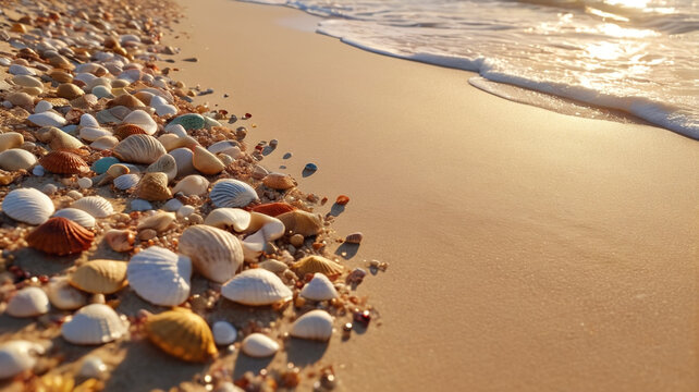 A tranquil beach at sunset with golden sand, gentle waves, and colorful seashells scattered about. Generative AI. - Powered by Adobe