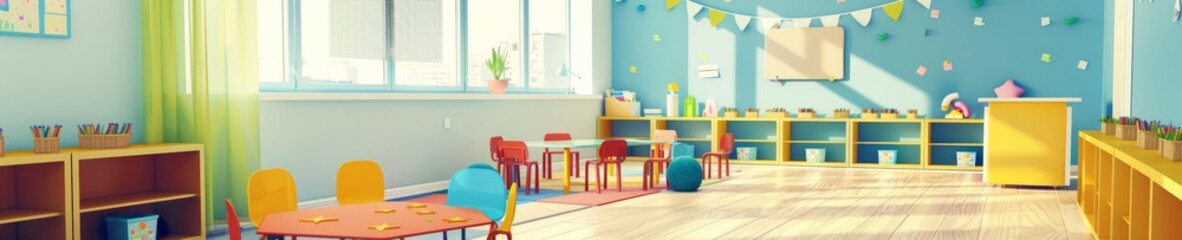Colorful kindergarten classroom illustration, vivid hues, childfriendly decor, playful atmosphere, empty space