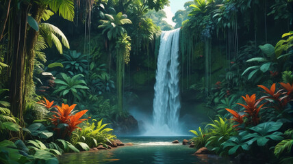 A majestic waterfall hidden in a lush jungle, surrounded by vibrant foliage and exotic wildlife. Generative AI.