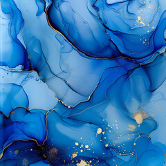 Abstract Sapphire and Gold Ink Swirls with Silver Accents