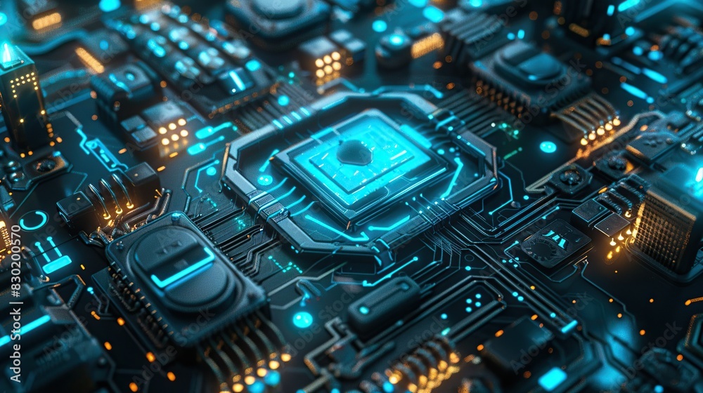 Poster Circuit board with padlock.  Abstract digital background with padlock on digital circuit board.