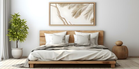 Stylish white bedroom featuring a cozy bed and a blank frame on the wall. Concept White Bedroom Decor, Cozy Bedding, Wall Frames, Home Interior Design