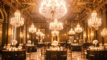 A luxurious dining room adorned with chandeliers and tables, setting a glamorous ambiance for a formal event, A glamorous black-tie affair in a luxurious ballroom with crystal chandeliers