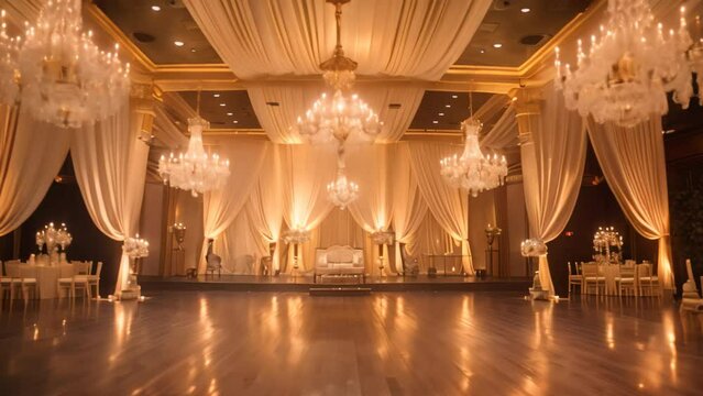 A grand ballroom filled with luxurious chandeliers and elegant chairs, A glamorous ballroom dripping with crystal chandeliers and opulent gold accents
