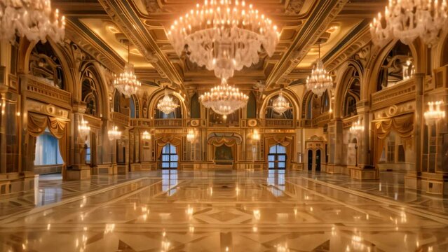 A grand ballroom adorned with sparkling chandeliers hanging from the ceiling, creating a luxurious ambiance, A glamorous ballroom dripping with crystal chandeliers and opulent gold accents