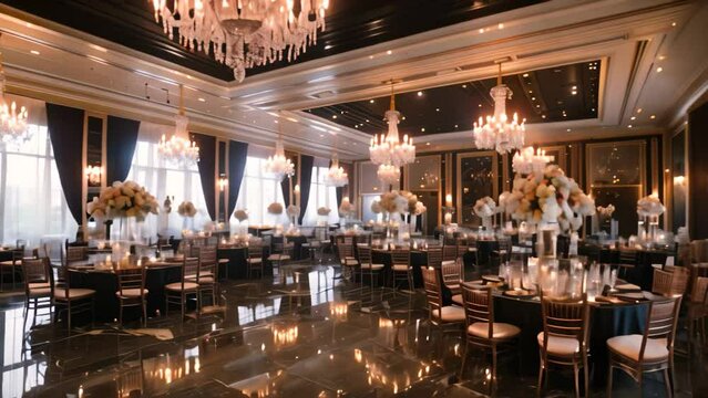 A grand ballroom adorned with dazzling chandeliers and tables set for a glamorous black-tie affair, A glamorous black-tie affair in a luxurious ballroom with crystal chandeliers