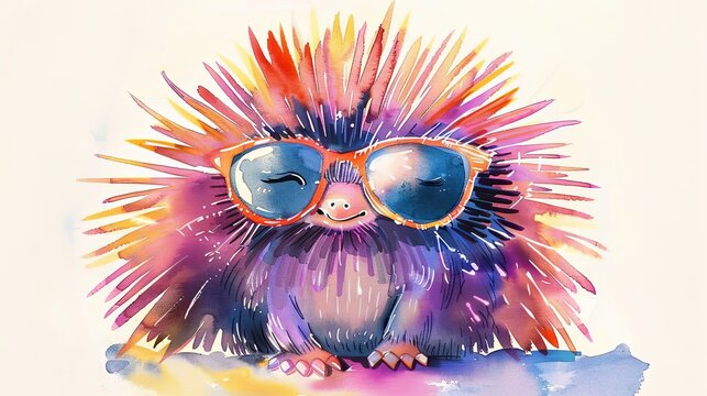 Portrait of a funny echidna wearing sunglasses. The animal is drawn in watercolor drawing style. Illustration for cover, postcard, greeting card, postcard, interior design, decor or print..