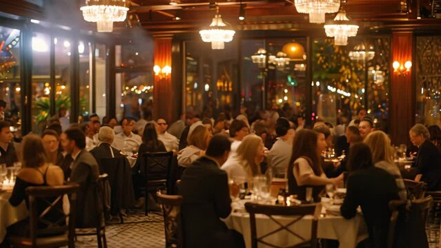 A group of people enjoying a meal and socializing at tables in a busy restaurant, A glamorous restaurant filled with networking professionals