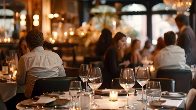 Several individuals sitting together at a restaurant table, engaged in conversation and dining, A glamorous restaurant filled with networking professionals