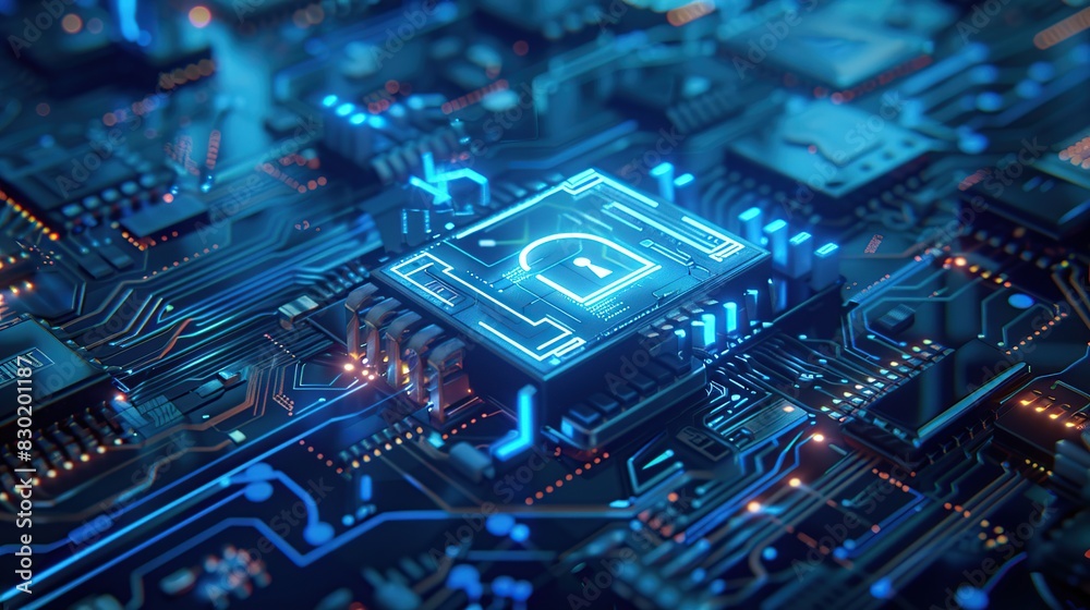 Poster padlock on circuit board motherboard. technology, data protection and cybersecurity concept.