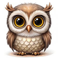 Obraz premium A charming illustration of a cute brown owl with large light-green eyes. Perfect for adding a touch of whimsy and nature to your projects. Ideal for greeting cards, posters, and wildlife-themed design