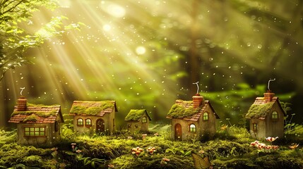 Obraz premium A fairytale village in the forest with many miniature houses covered with moss. Fantasy landscape. Concept of unreal world. Illustration for cover, greeting card, interior design, decor or print.