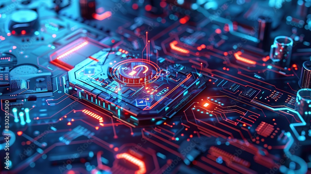 Poster Close up view of a modern GPU card circuit with cyber security activated 3D rendering. Digital background.