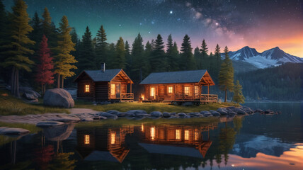Fototapeta premium A peaceful lakeside retreat with cozy cabins, a campfire, and star-filled skies above. Generative AI.