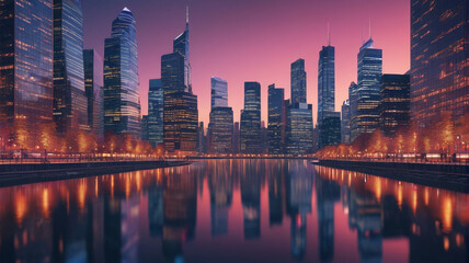 Fototapeta premium A vibrant cityscape at twilight with illuminated skyscrapers reflecting on the river. Generative AI.