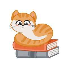 Cute red cat character laying on the stack of books