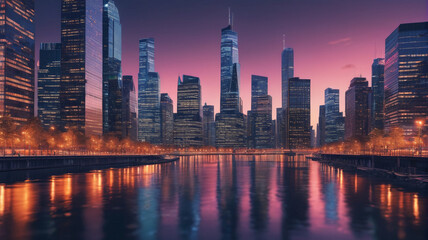 Fototapeta premium A vibrant cityscape at twilight with illuminated skyscrapers reflecting on the river. Generative AI.