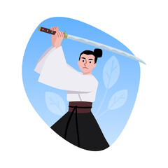 Vector illustration depicting a samurai in a fighting pose in a kimono with a katana