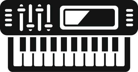 Simplistic icon illustration of a synthesizer in a black and white color scheme
