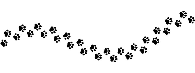 Paw print of a dog or cat. Footprint pet. Black lines animal prints isolated on white background. Tiger paws. Cute canine pattern. Puppy track. Feline step outline. Kitten leg. Vector illustration © Omeris