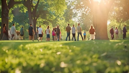 A group of friends standing together on a vibrant green field, A group of friends strolling through a park on a sunny day