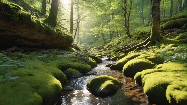 A serene forest glen with a babbling brook, sunlight streaming through the trees, and moss-covered rocks. Generative AI.